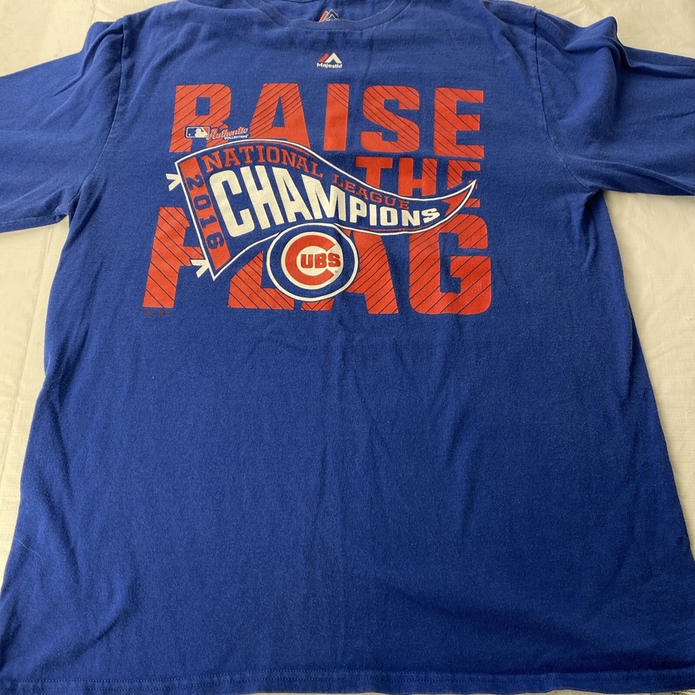 Chicago Cubs Raise The Flag 2016 NL Champions Tshirt Size Med Majestic Blue Logo
